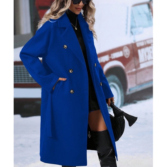 Solid Wide Collar Pockets Belted Minimalist Jacket Coat - Picture 3 of 9